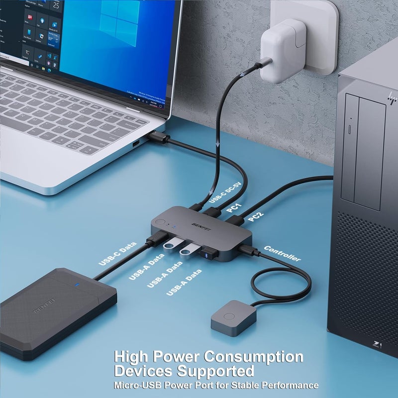 Benfei مفتاح USB 3.0، محول USB لتمكين جهازين كمبيوتر من مشاركة 3*USB 3.0 و 1*USB C مع جهاز تحكم عن بعد للماوس ولوحة المفاتيح والطابعة والماسح الضوئي، مفتاح KVM USB متوافق مع ويندوز وماك ولينكس - Image 2